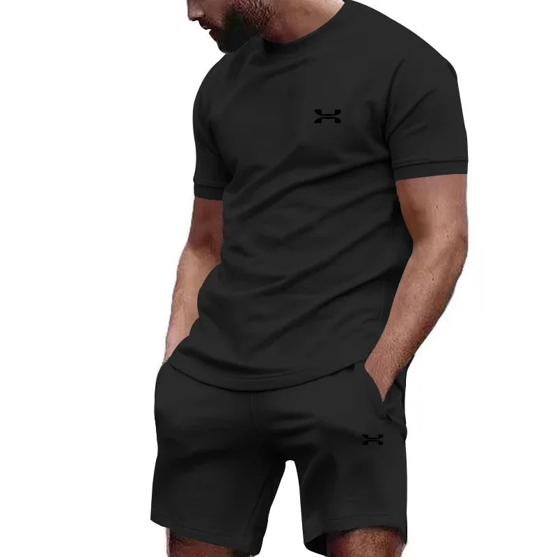 New Summer Men'S Casual Shortsleeved Shorts 2-Piece City Street Fashion T-Shirt Shorts Suit Men'S Cool Run Hot Sale