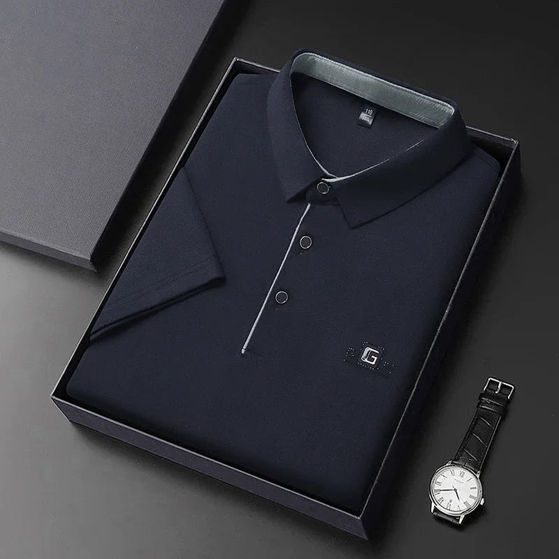New Men'S Business Casual Short Sleeved Shirt with Badge Solid Color Polo Shirt Fashionable Breathable Comfortable Versatile Top