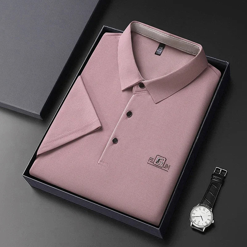 New Men'S Business Casual Short Sleeved Shirt with Badge Solid Color Polo Shirt Fashionable Breathable Comfortable Versatile Top