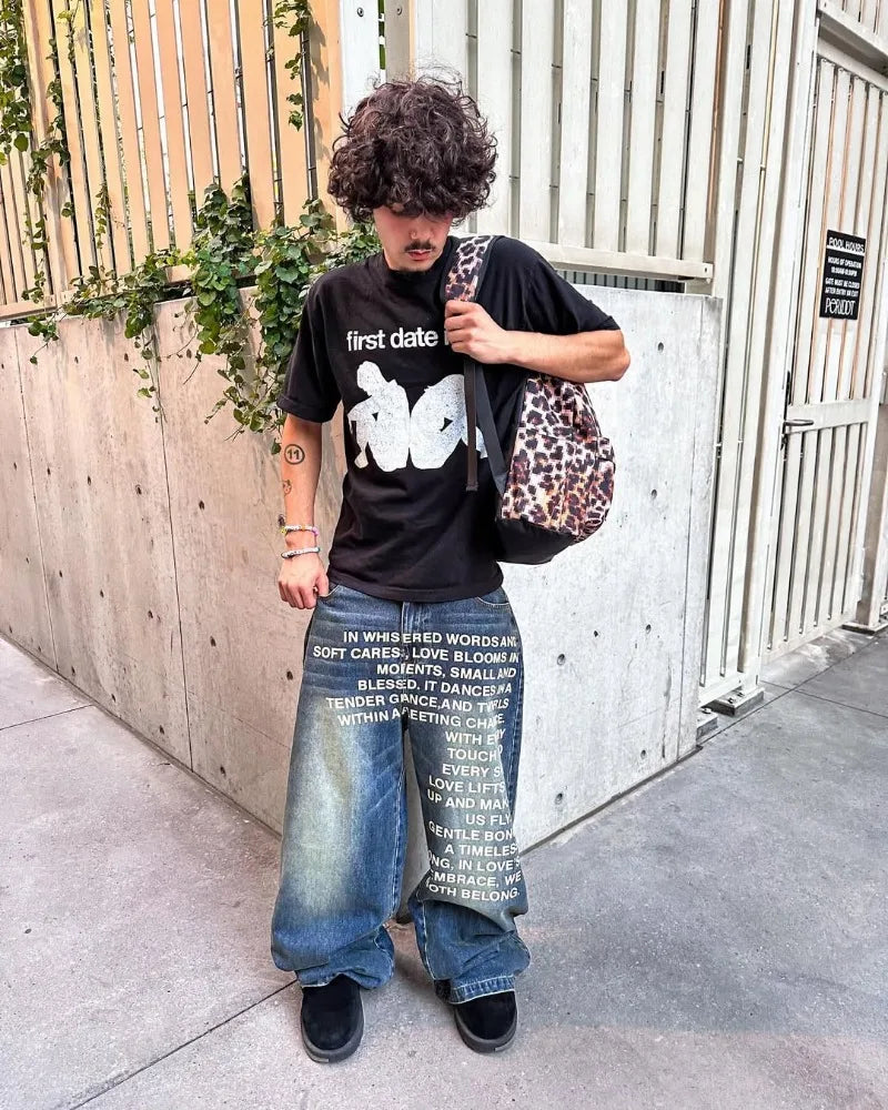 Men’s Vintage American Pattern Letter Jeans