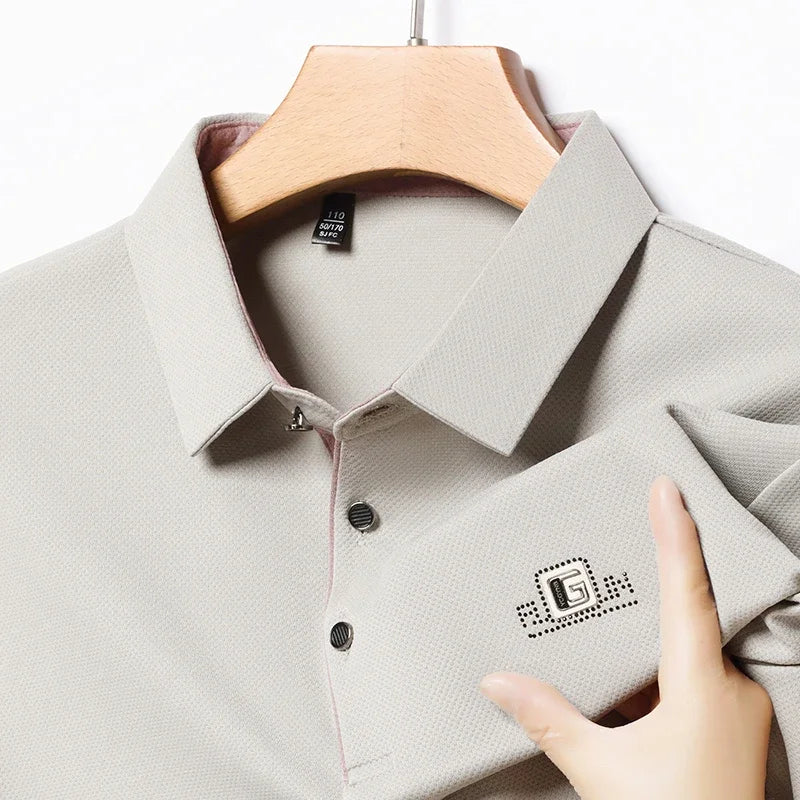 New Men'S Business Casual Short Sleeved Shirt with Badge Solid Color Polo Shirt Fashionable Breathable Comfortable Versatile Top