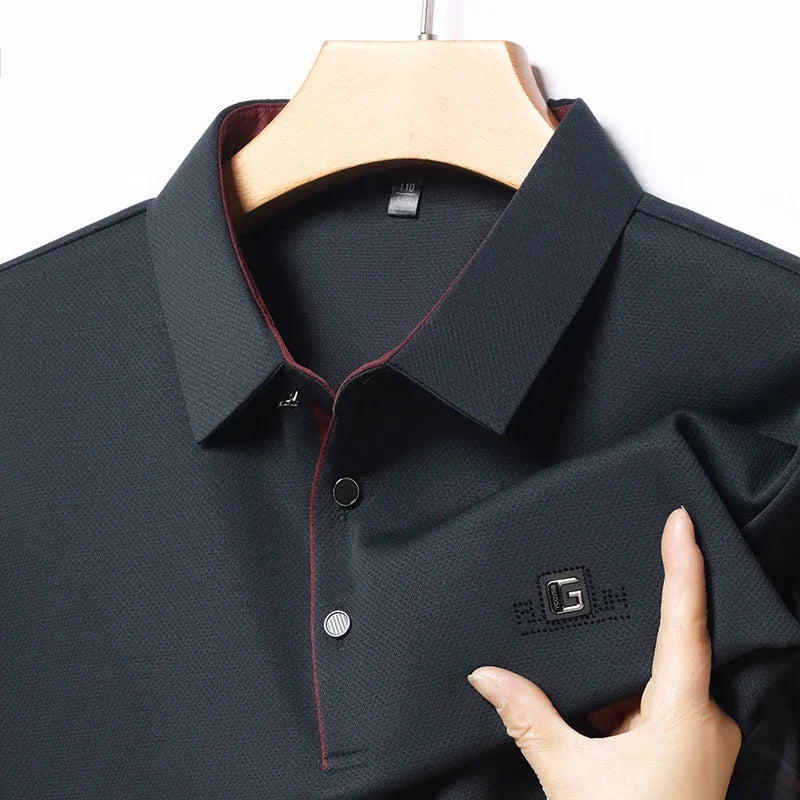 New Men'S Business Casual Short Sleeved Shirt with Badge Solid Color Polo Shirt Fashionable Breathable Comfortable Versatile Top