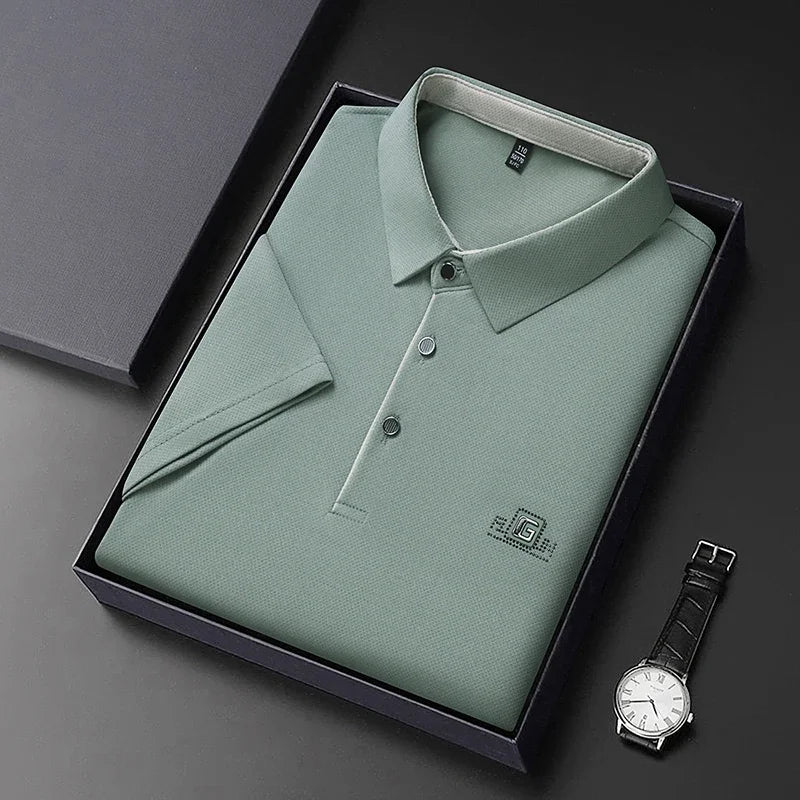 New Men'S Business Casual Short Sleeved Shirt with Badge Solid Color Polo Shirt Fashionable Breathable Comfortable Versatile Top