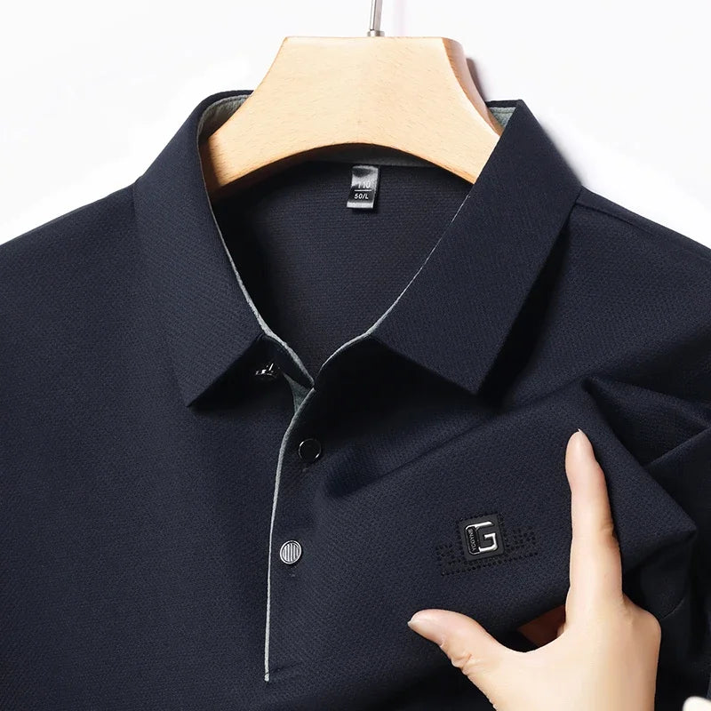 New Men'S Business Casual Short Sleeved Shirt with Badge Solid Color Polo Shirt Fashionable Breathable Comfortable Versatile Top