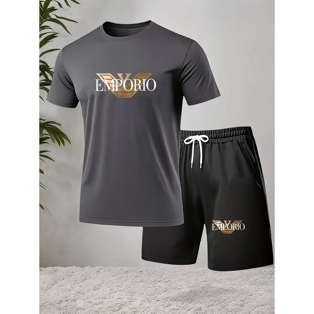 Men'S Running T-Shirt and Shorts Set, with a round Collar Design, Elasticated, Suitable for Sports and Casual Occasions, Comfort