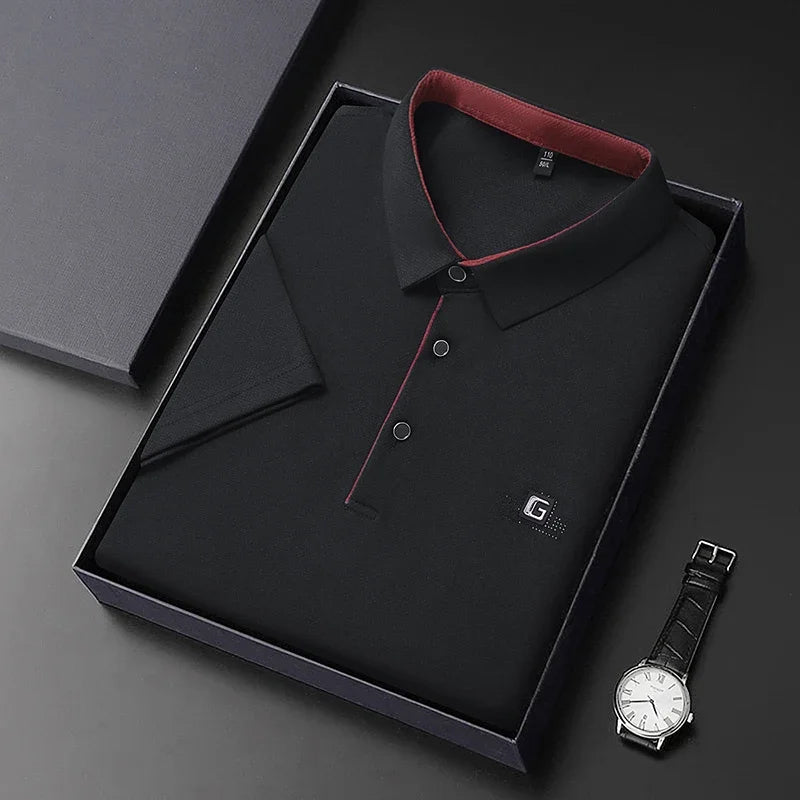 New Men'S Business Casual Short Sleeved Shirt with Badge Solid Color Polo Shirt Fashionable Breathable Comfortable Versatile Top