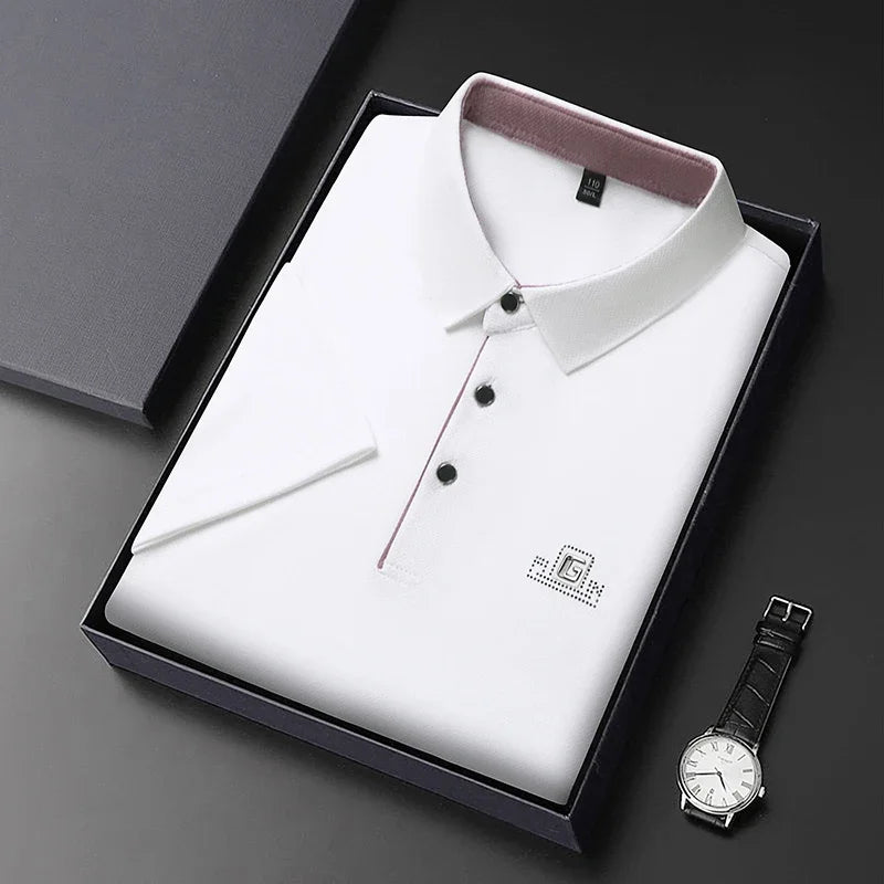 New Men'S Business Casual Short Sleeved Shirt with Badge Solid Color Polo Shirt Fashionable Breathable Comfortable Versatile Top