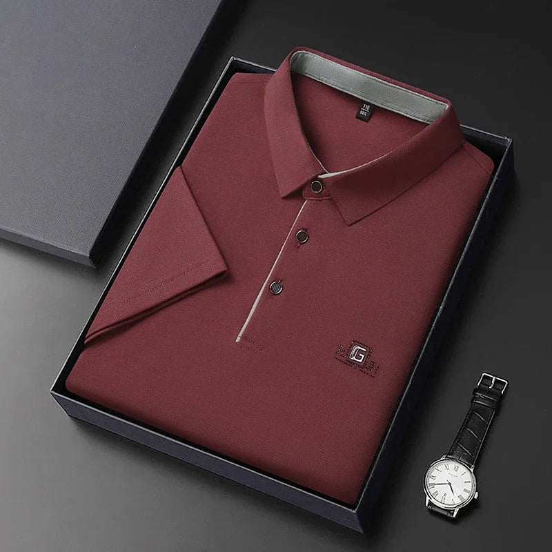 New Men'S Business Casual Short Sleeved Shirt with Badge Solid Color Polo Shirt Fashionable Breathable Comfortable Versatile Top