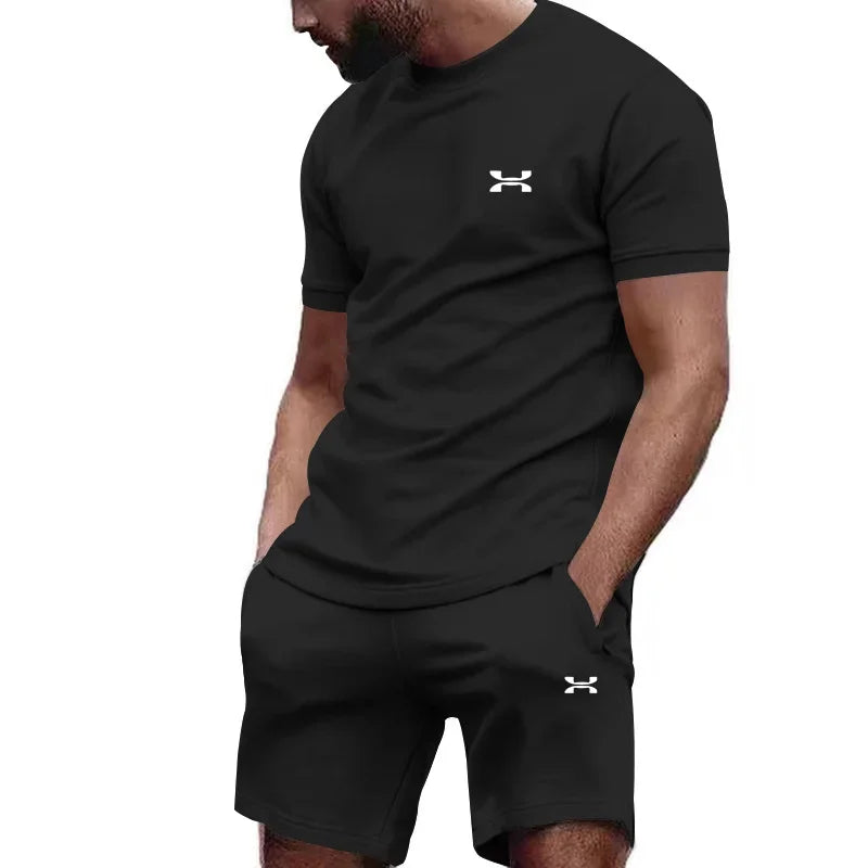 New Summer Men'S Casual Shortsleeved Shorts 2-Piece City Street Fashion T-Shirt Shorts Suit Men'S Cool Run Hot Sale