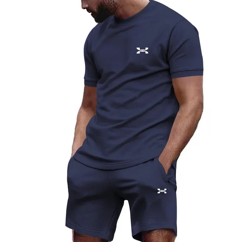 New Summer Men'S Casual Shortsleeved Shorts 2-Piece City Street Fashion T-Shirt Shorts Suit Men'S Cool Run Hot Sale